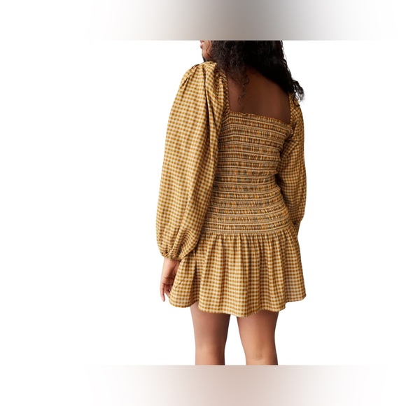 Urban Outfitters Cognac Brown Francis Plaid Puff Sleeve Mini Dress Size Medium - Picture 8 of 11